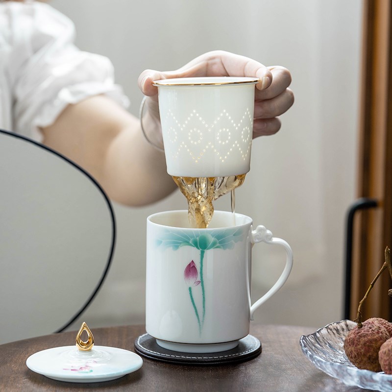 茶水分离三件套陶瓷带盖过滤大容量泡茶杯家用会议办公茶杯礼盒装