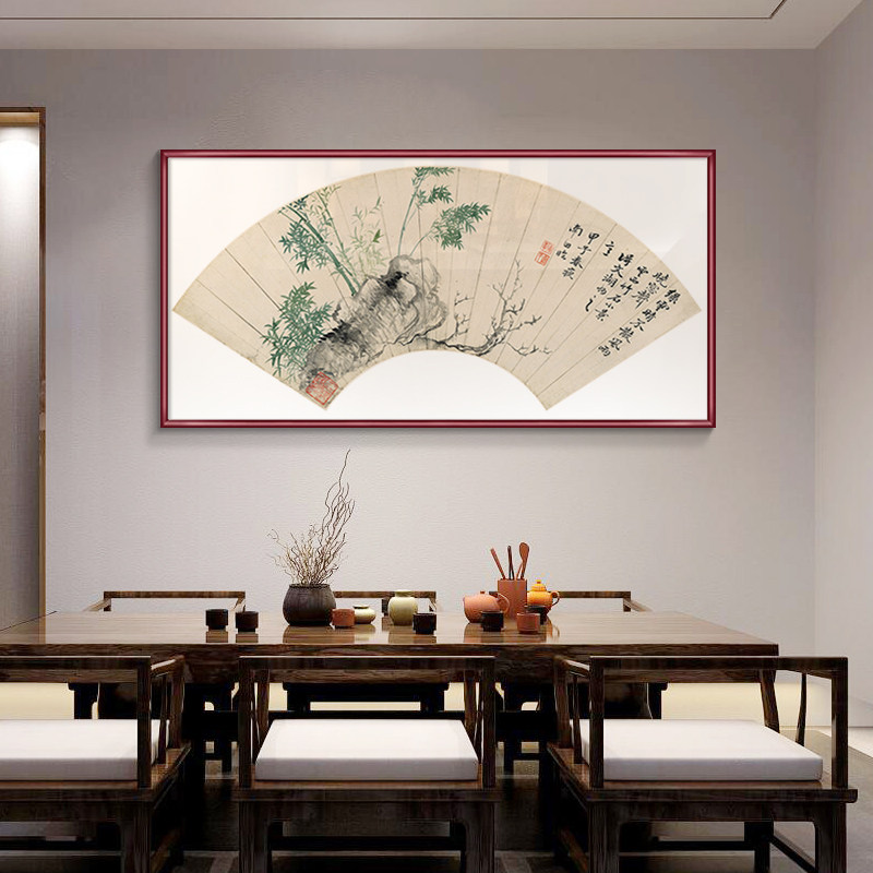 新中式客厅花鸟装饰画国画横幅沙发背景墙挂画扇形茶室民宿壁画