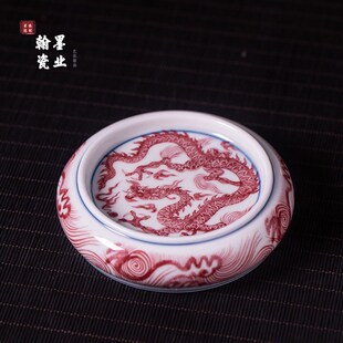 景德镇陶瓷仿古泥巩红龙纹盖置复古杯垫壶盖垫家用茶道配件茶托