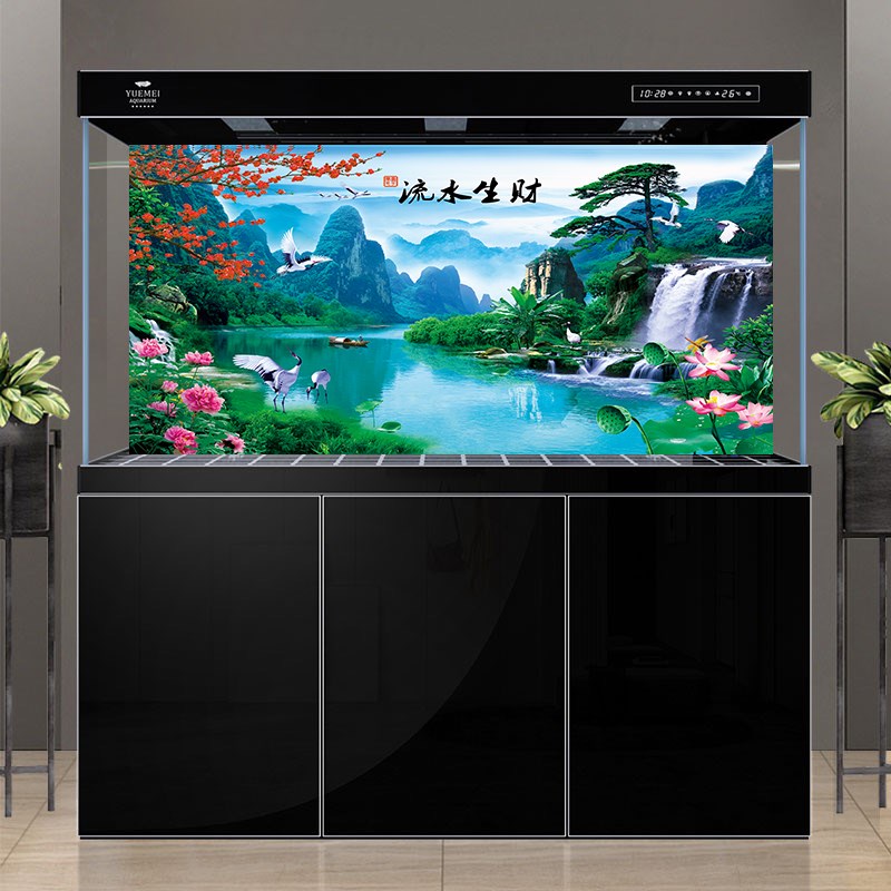 鱼缸背景纸山水画流水生财背景定制自粘3d立体鱼缸背景5D贴纸