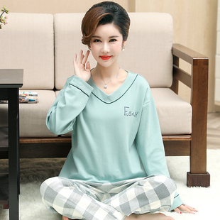 套装 春秋季 加大码 中老年中年妈妈长袖 纯棉睡衣女夏老人家居服薄款