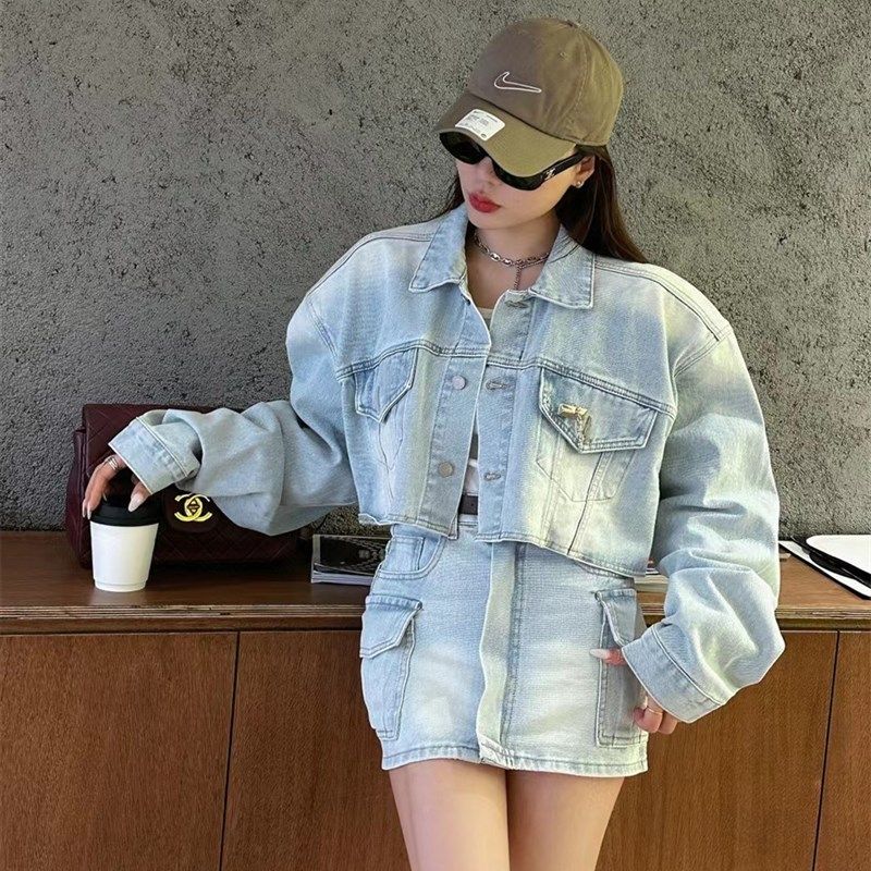 复古短款牛仔外套套装裙子女时尚洋气高级感美式工装半身裙两件套