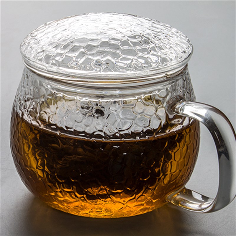 耐热玻璃杯泡茶杯 带过滤大号加厚锤纹水杯 创意办公室带盖花茶杯