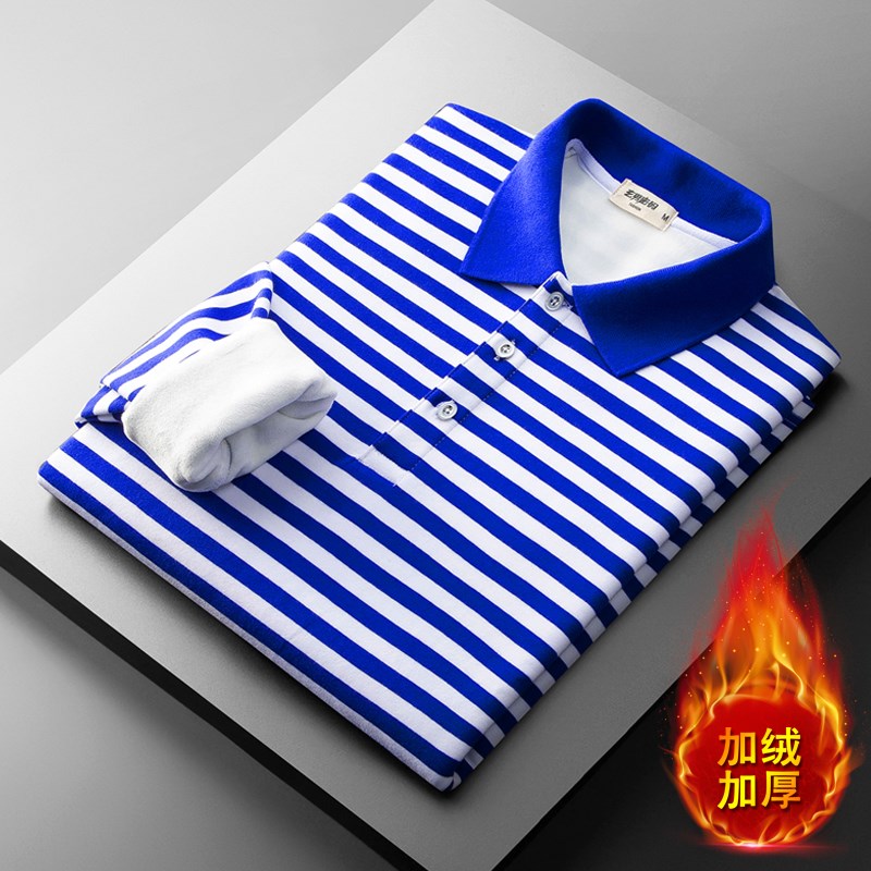 冬季翻领条纹polo衫加绒加厚保暖长袖海魂衫带领t恤水手服棉衬衫