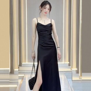 法式 御姐气质开叉吊带长裙子 高级感缎面黑色礼服连衣裙女性感修身
