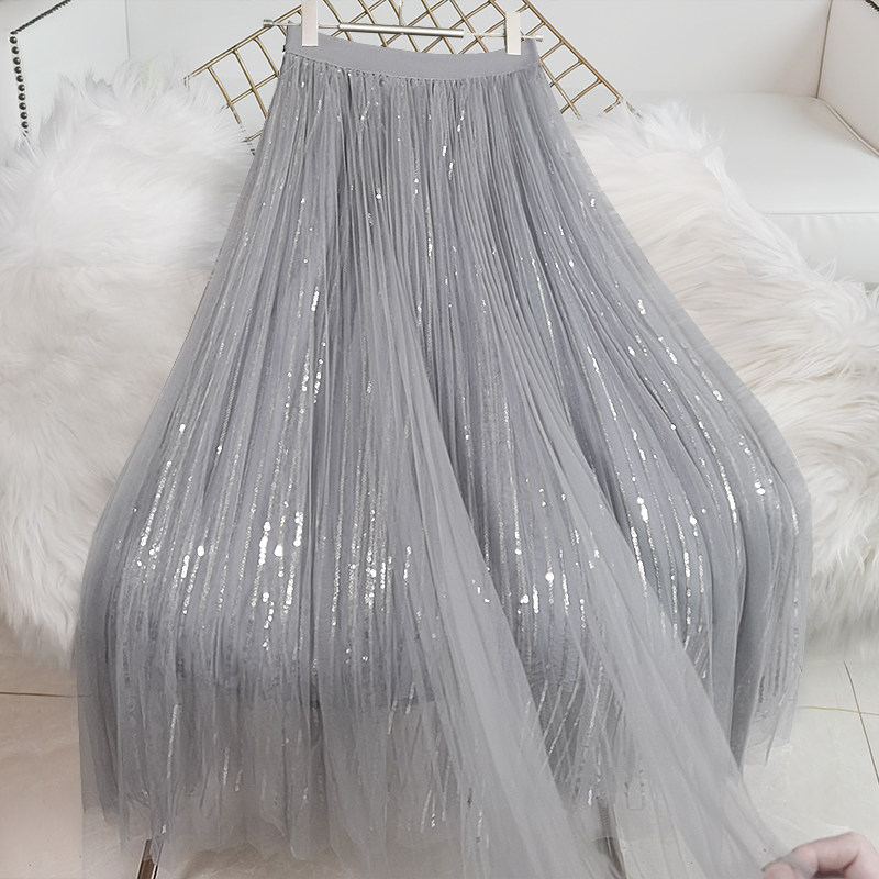 灰色亮片网纱裙垂感显瘦长裙2023夏季新款中长款仙女百褶半身裙子