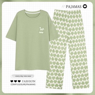 套头妇女士家居服夏天休闲大码 中年妈妈睡衣夏季 长裤 薄款 纯棉短袖