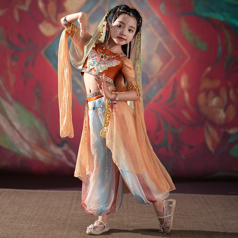 六一敦煌飞天汉服女童古典异域风情西域公主儿童乐鼓民族舞蹈服装