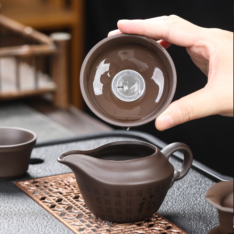 原矿紫砂茶具套装老泥万福紫砂禅意泡茶壶实木盘整套茶器家用中式