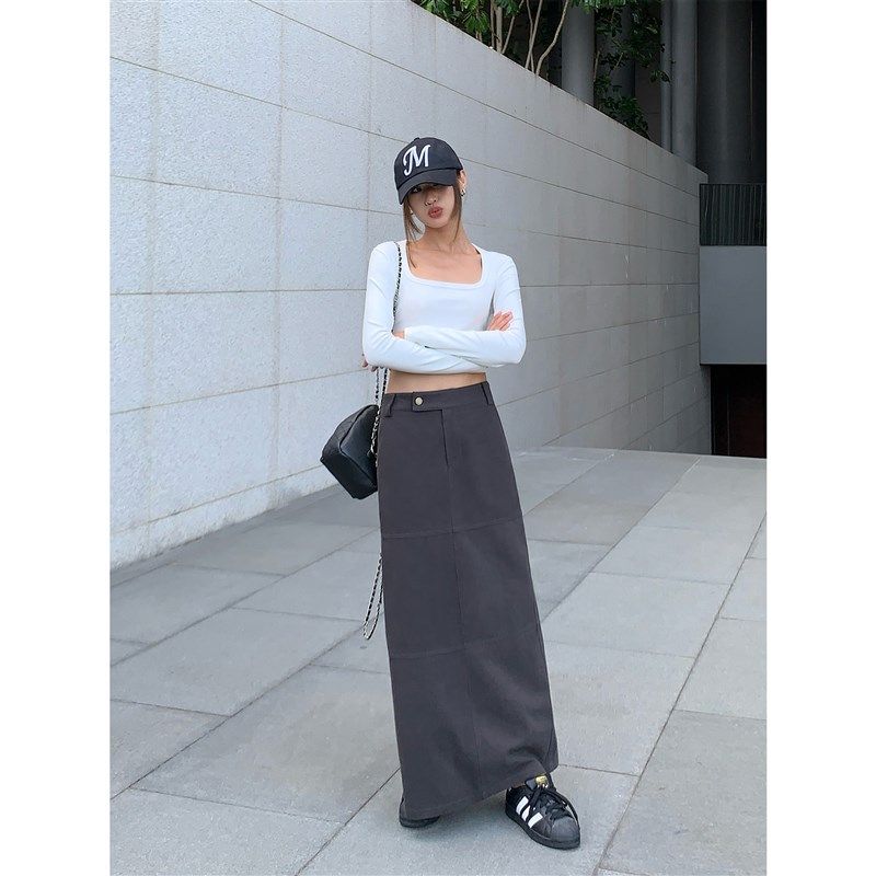 ousph深灰色半身裙女春款后开叉收腰显瘦米色直筒美式休闲a字裙子,女装/女士精品,半身裙,淘宝优惠券,粉丝福利购,淘宝优惠卷