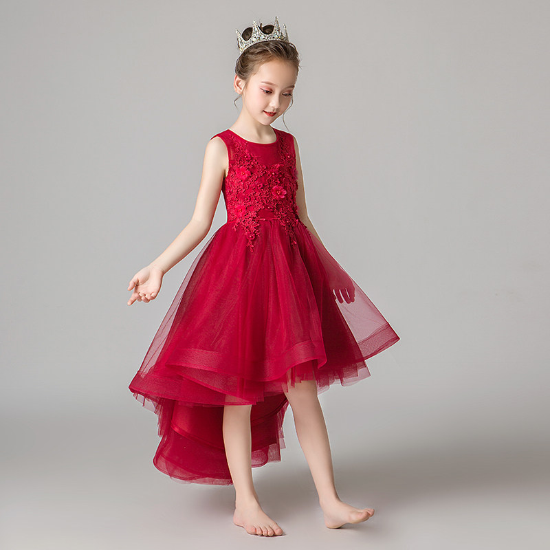 小女孩公主裙女童蓬蓬纱洋气花童晚礼服儿童主持人钢琴演出服红色