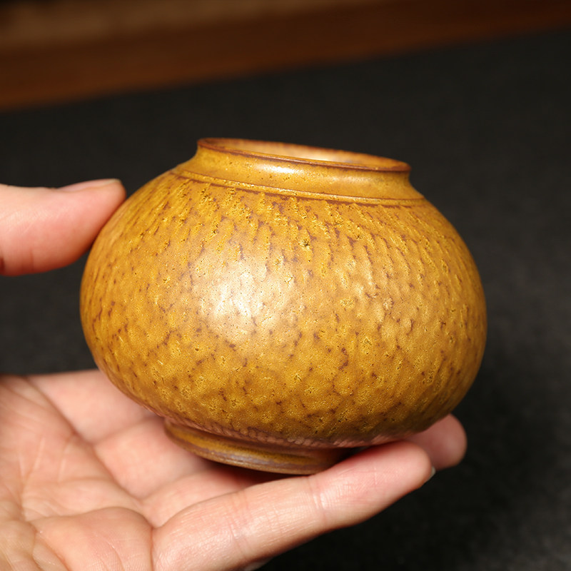 柴烧螺纹水盂 日式小水盂水丞 文房书画用品 仿古小灯笼摆件笔洗