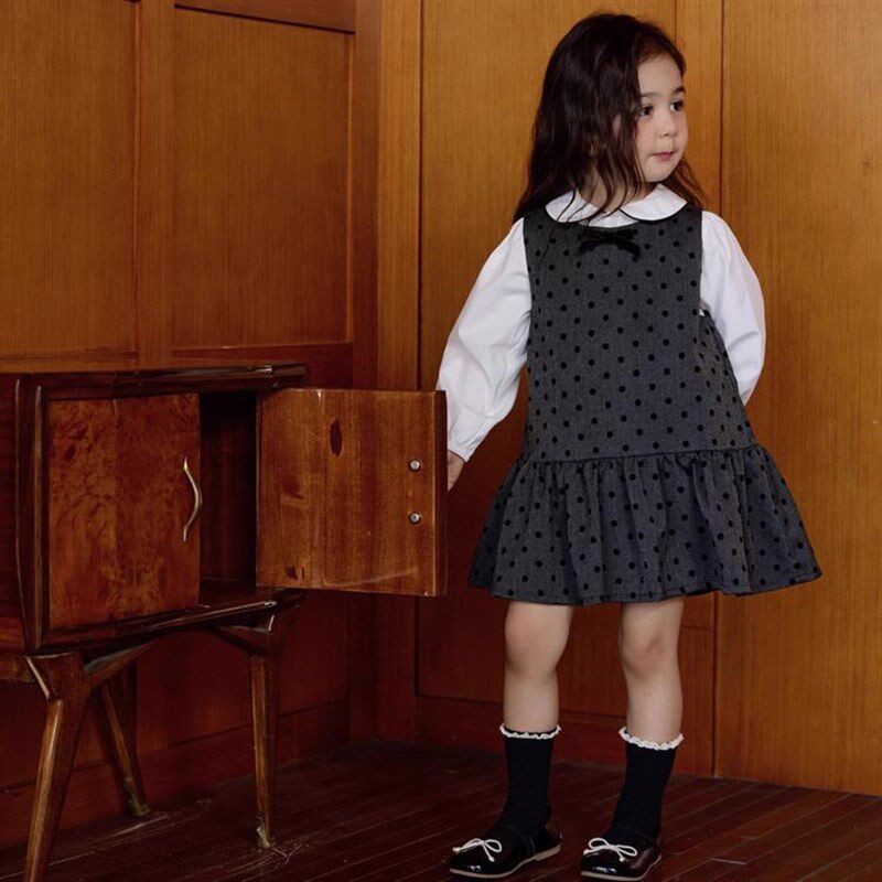女童连衣裙植绒暗格波点背心裙子娃娃领衬衫两件套学院风公主裙子