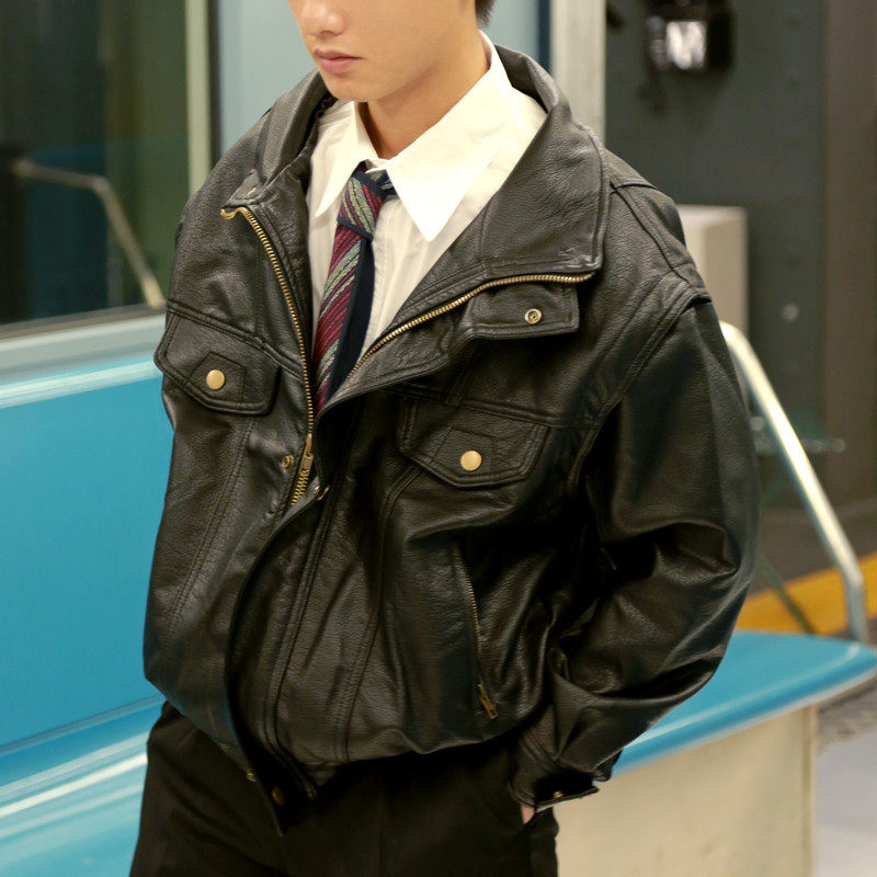 何记港风/黑色复古皮衣外套酷机车港风宽松皮夹克男女