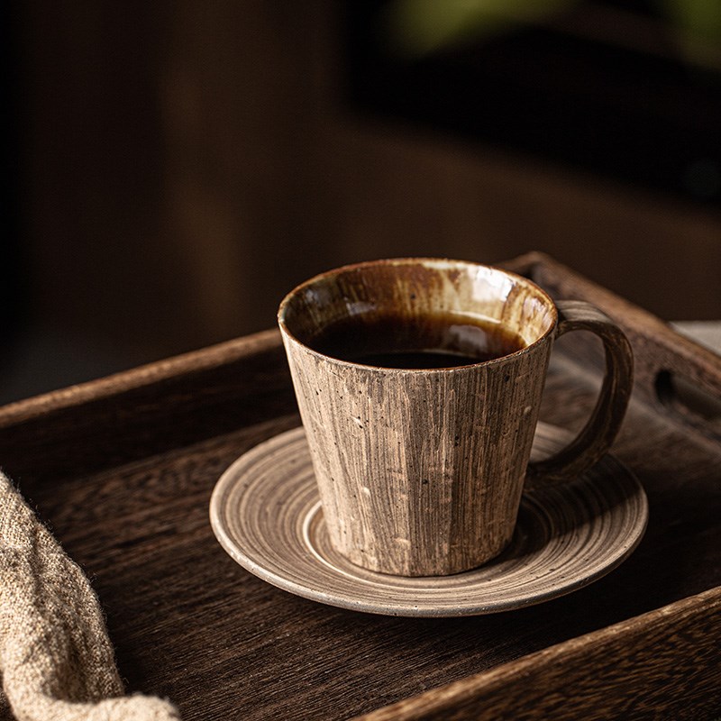 莳绘金缮日式复古陶瓷杯子咖啡杯碟套装粗陶拉花杯高档精致马克杯