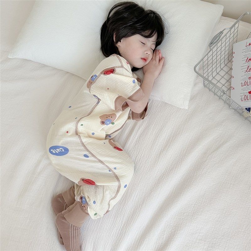 短袖纱布儿童连体睡衣纯棉无骨防踢被男童女孩睡袋夏季薄款家居服