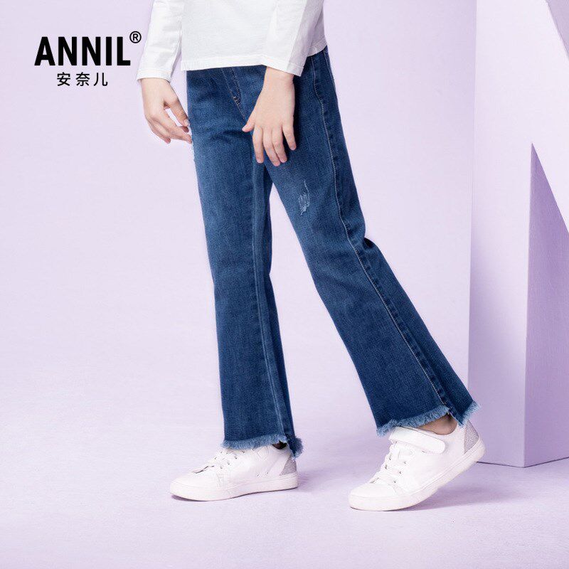 安奈儿女童装全腰牛仔单裤2024春新款休闲微喇叭长裤百搭流苏裤脚