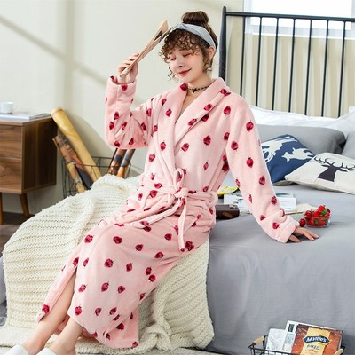 睡袍女秋冬季长款珊瑚绒加厚加绒保暖甜美可爱浴袍大码胖mm200斤