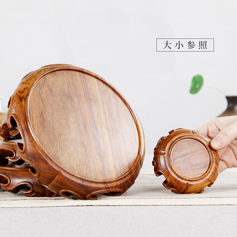 红贵宝眀式圆形实木质工艺品摆件佛像奇石花盆花瓶盆栽底座木托