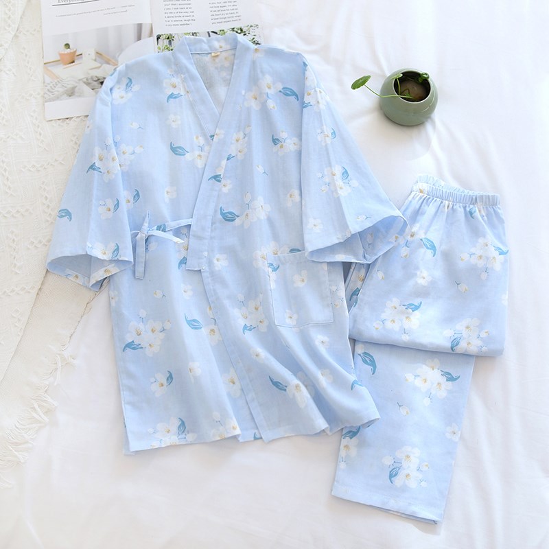 日系和服睡衣女士春秋薄款纯棉纱布可爱七分袖薄款宽松家居服套装