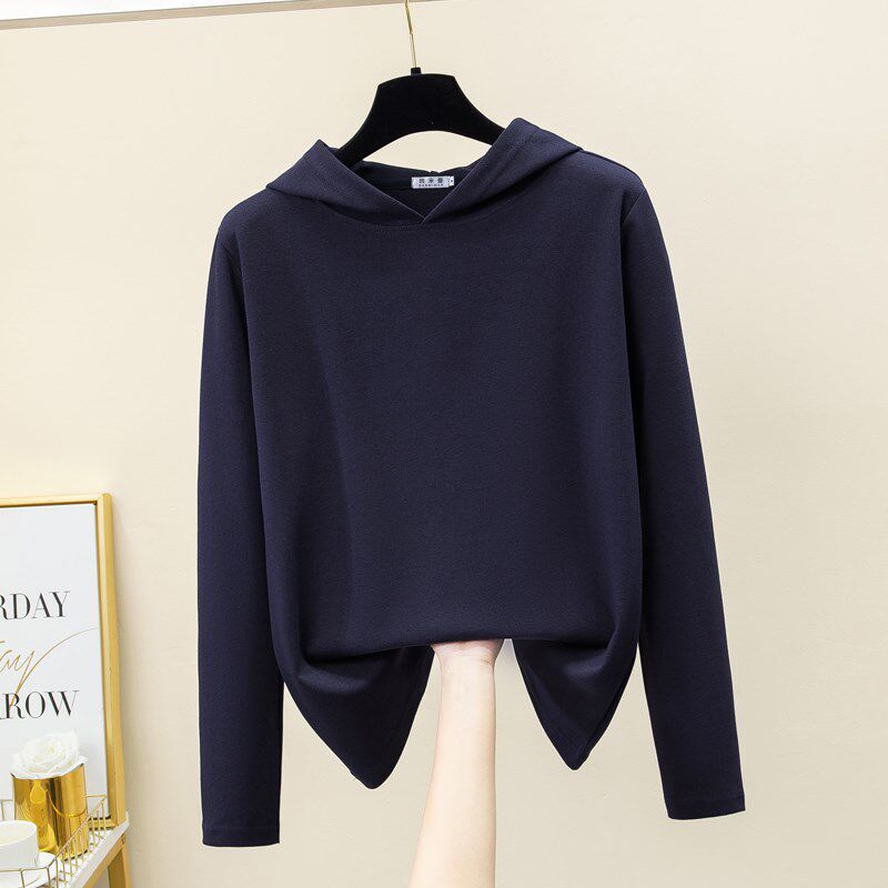 2024新款蓝色春秋连帽长袖t恤女薄款宽松大码带帽卫衣夏纯棉帽衫