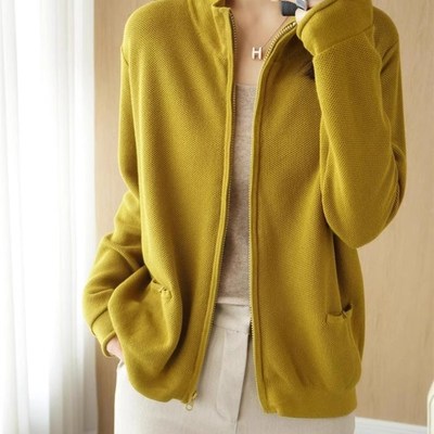 加厚纯棉线长袖拉链针织开衫女短外套立领毛衣宽松休闲外搭全棉线