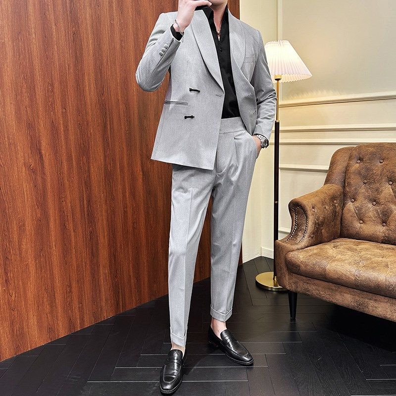 高端中式盘扣西服套装男宴会主持人青果领晚礼服影楼结婚商务西装