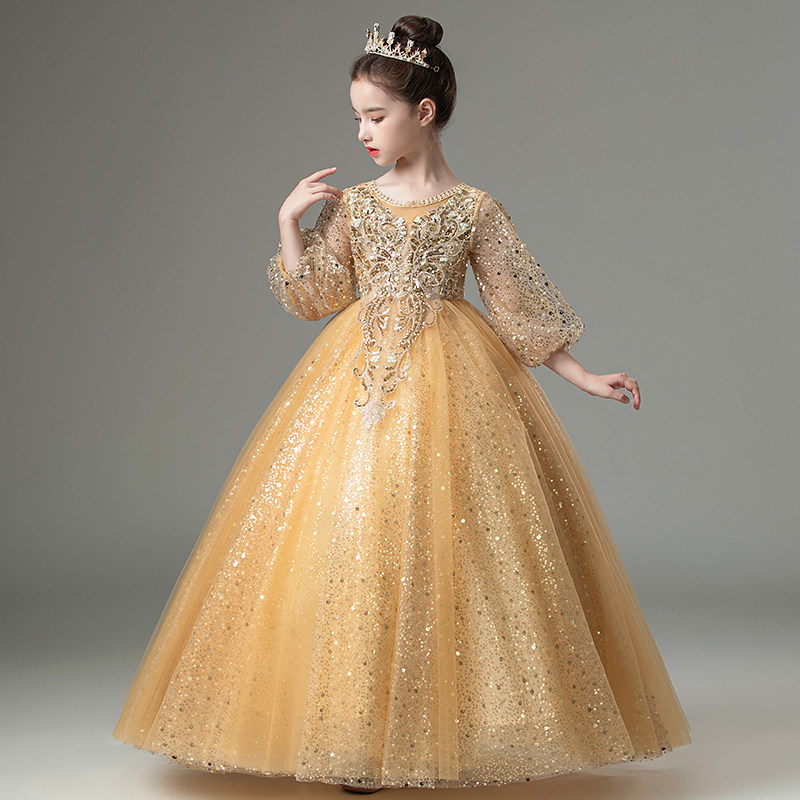 儿童礼服高端小主持人服装长袖女童生日金色钢琴演出服走秀秋冬