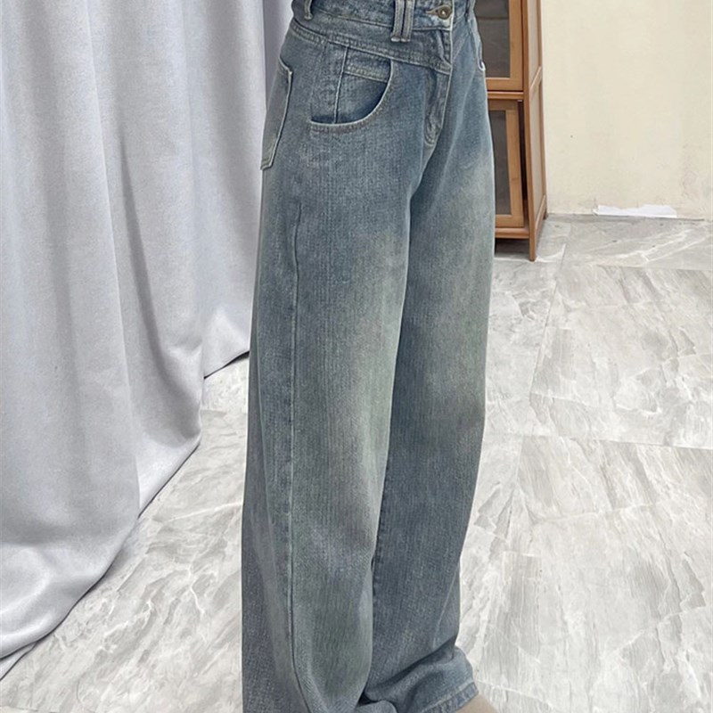 复古蓝美式直筒牛仔裤大码女装裤子梨形身材设计感显瘦高腰阔腿裤