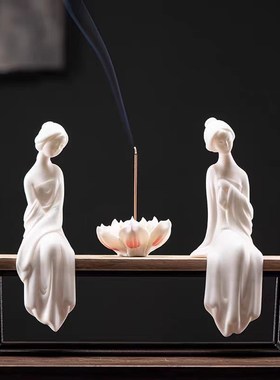 创意陶瓷仕女白瓷中式摆件茶桌茶台禅意线香插炉客厅茶室人物装饰