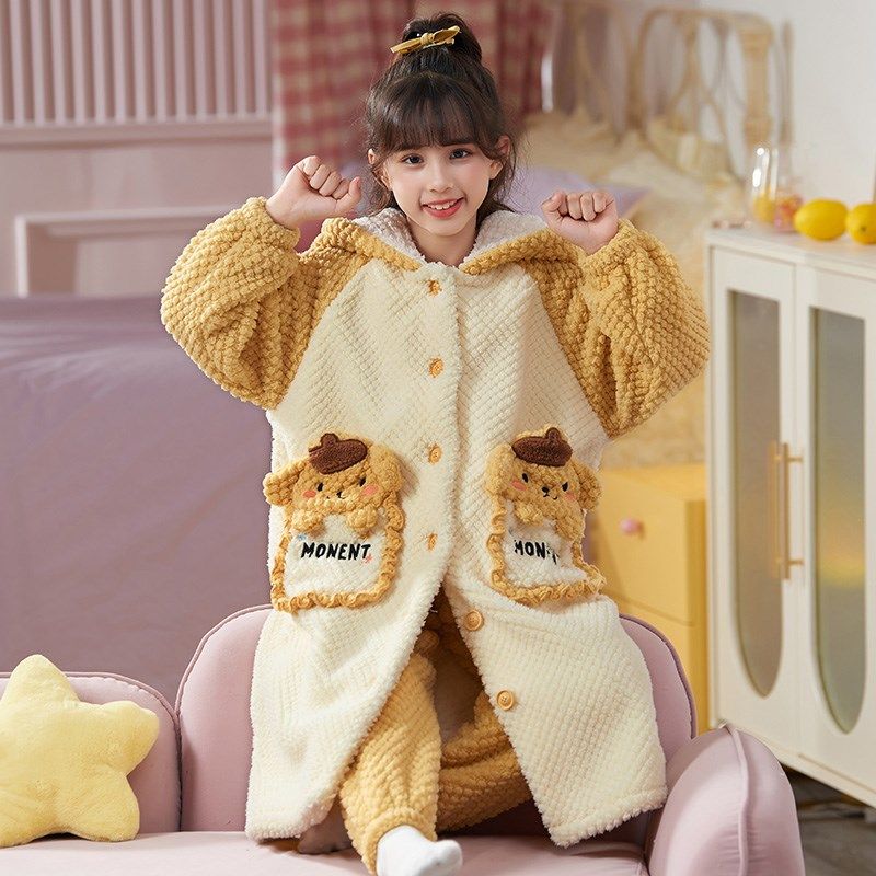 儿童睡衣冬季法兰绒珊瑚绒秋冬款女童女孩睡袍套装加绒加厚款冬天