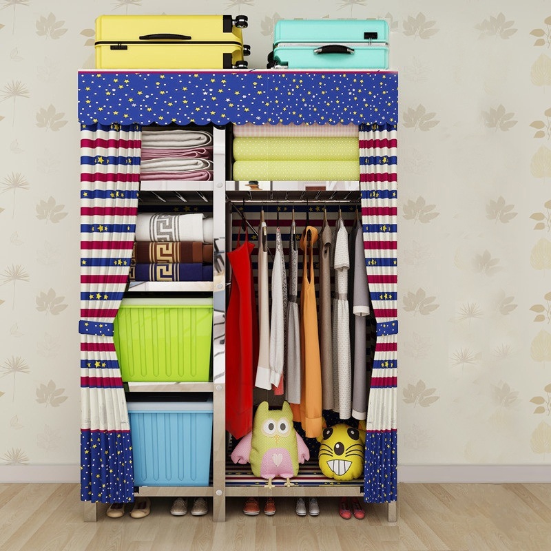 布衣柜钢管加粗加固单人小号宿舍简易衣柜布艺不锈钢钢架组装衣橱