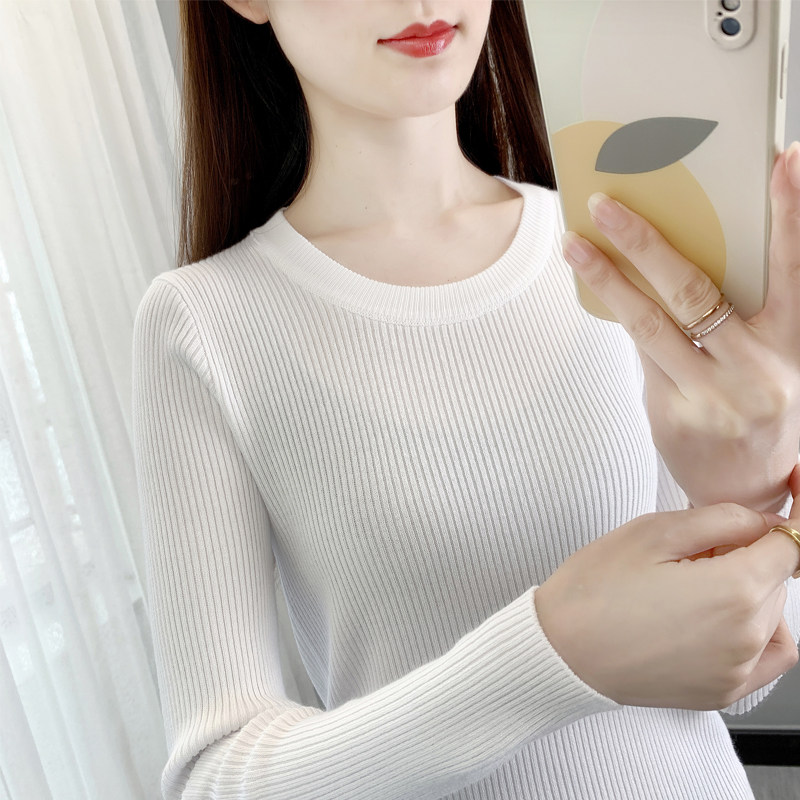 黑色打底衫女春秋季新款圆领针织衫上衣修身紧身长袖内搭薄款毛衣