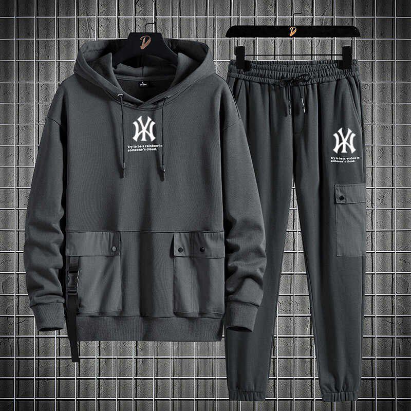 搭配一套衣服加绒加厚连帽套头卫衣秋冬款大码宽松套装卫裤子男士