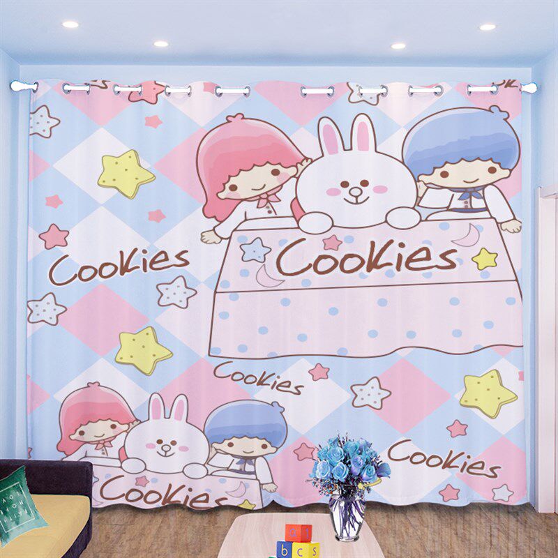 全遮光粉色双子星儿童女孩房公主风飘窗免打孔挂钩魔术贴定制窗帘
