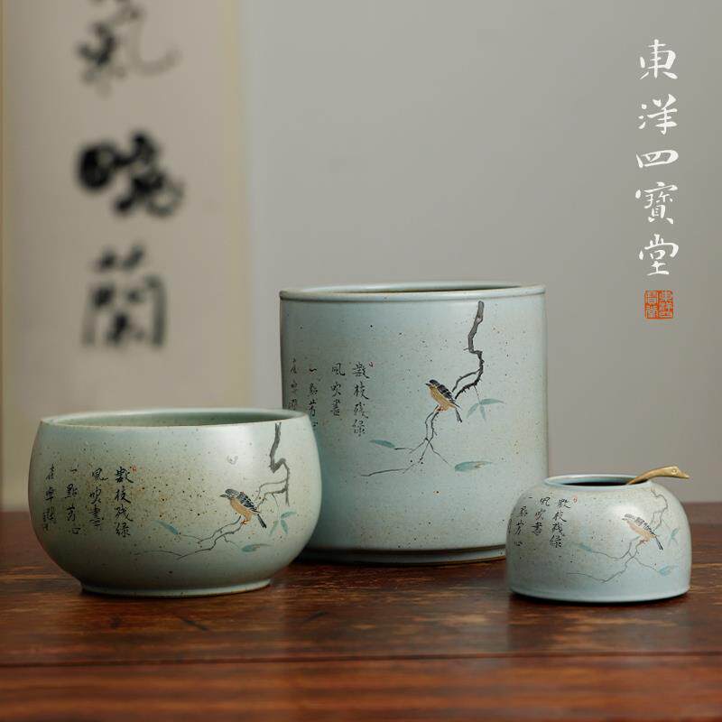 匠人手绘枝头鸟大笔洗+仿古瓷器摆件景德镇陶瓷中式文房洗缸陶瓷
