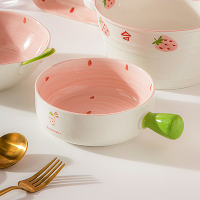 可爱釉下彩陶瓷碗带手柄饭碗家用餐具专用网红烤碗带把手泡面碗