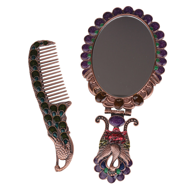 孔雀开屏梳妆镜创意礼物手柄镜美容镜复古典随身化妆镜子梳子套装