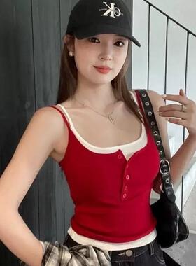 10125#夏季新款纯欲假两件撞色吊带背心修身一体式带胸垫百搭上衣