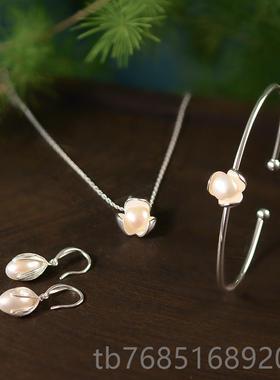 高档s925纯手镯银女银镯子珍珠蓉花清芙新简森约系细款复古风新款