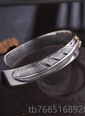 高档S925银复古手工银高桥郎风格羽毛分手镯牌手男士开口镯子潮吾
