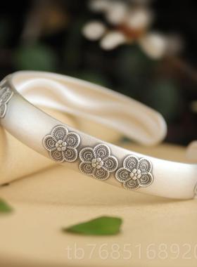 高档纯银手镯女复礼梅999足银古镯子实心哑光雕花开口送妈妈花老