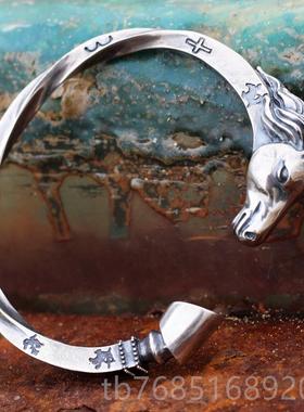 高档纯手工马镯款维京战复镯s925银马头形男款开口士银手镯泰银古