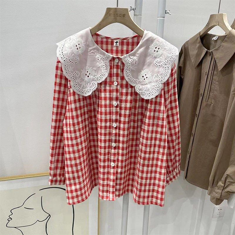 春季新款红色格子娃娃领女上衣长袖文艺风竹节棉女衬衫宽松百搭,女装/女士精品,衬衫,淘宝优惠券,粉丝福利购,淘宝优惠卷