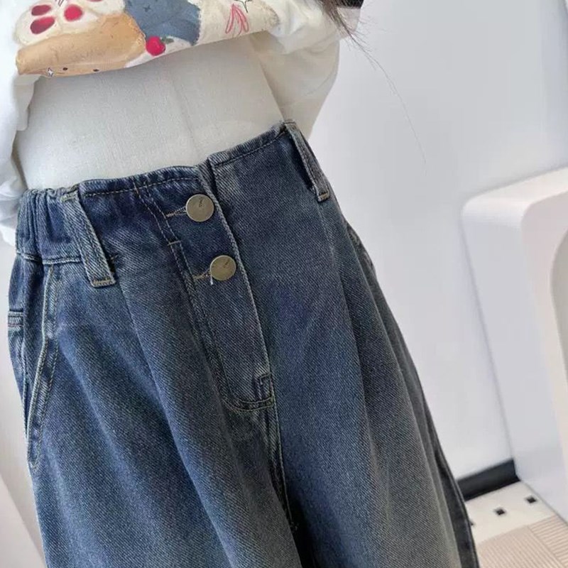 韩国童装女童复古牛仔裤2025秋冬新款高腰加绒老爹裤中大童直筒裤