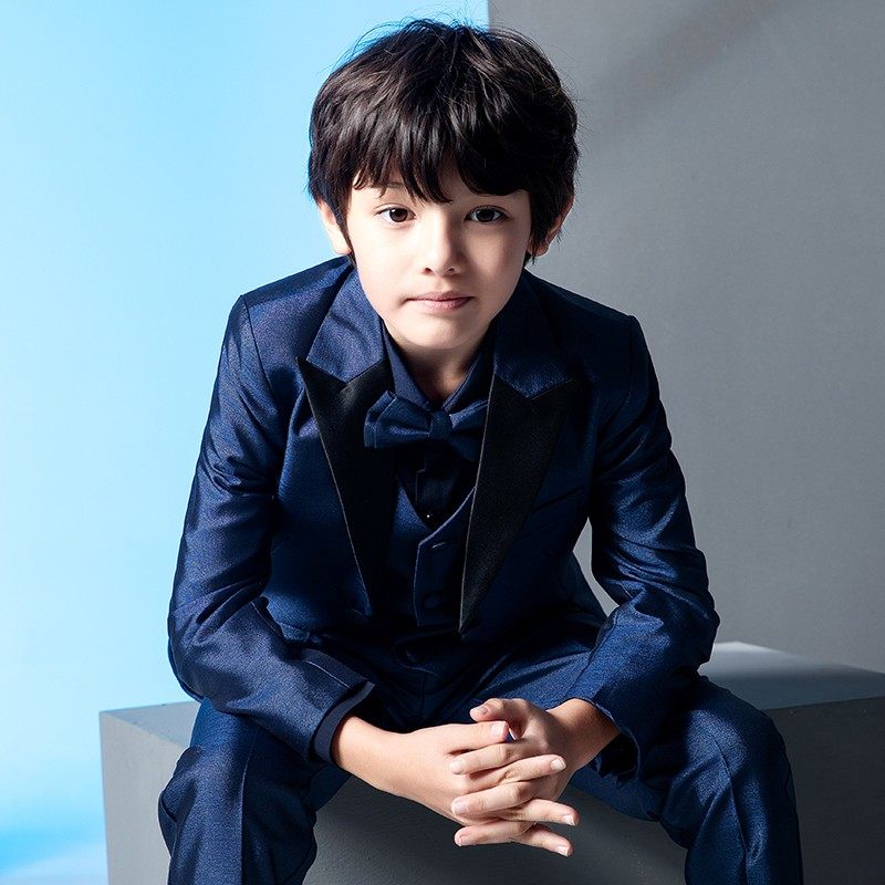男童礼服花童服儿童T台走秀蓝色燕尾服套装 宝宝演出表演服三件套