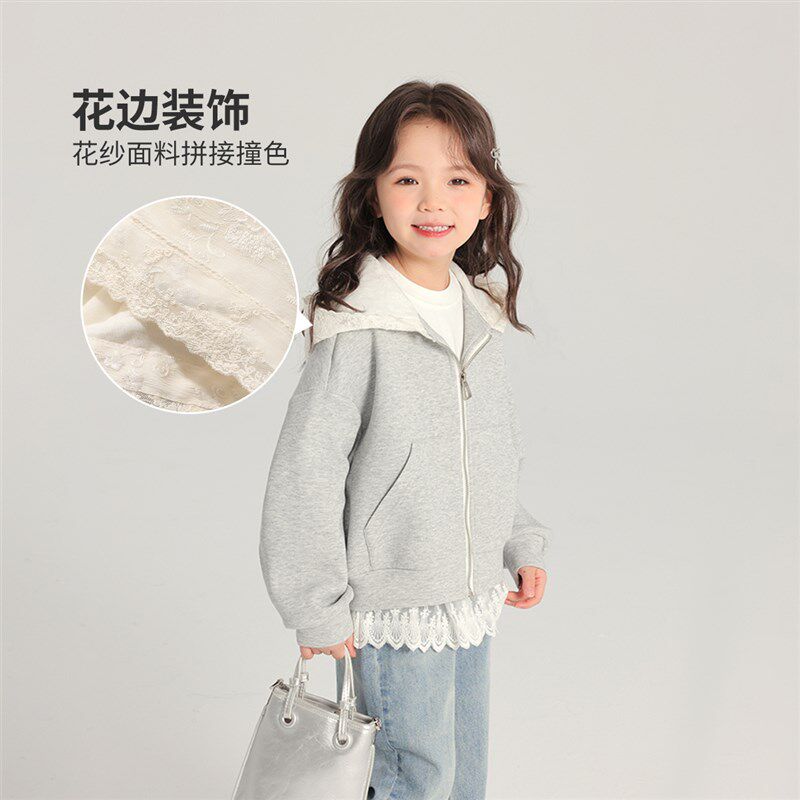 布丁哈鲁童装春装女童上衣2025春季新款儿童百搭花纱连帽针织外套