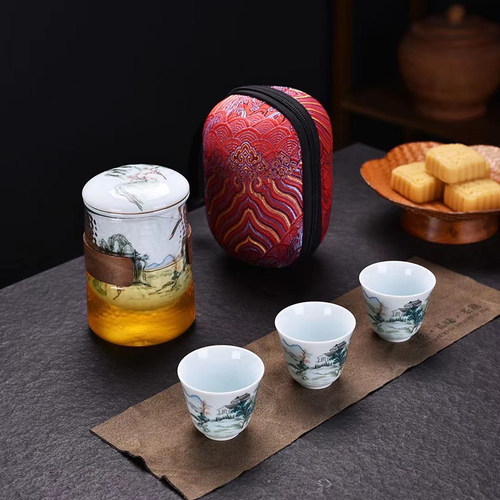 青瓷一壶三杯快客杯旅行茶具套装家用车载户外露营随身喝茶便携包