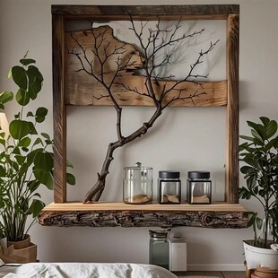 中古风原木装饰画饭厅背景墙挂画名宿侘寂风壁饰高端覆古挂画