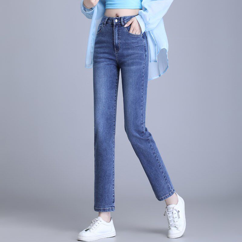 高腰直筒牛仔裤女九分显瘦烟管裤春秋修身弹力百搭中年妈妈长裤子